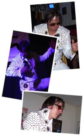 Kenny performing as Elvis in a white rhinestone jumpsuit and sunglasses