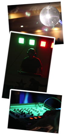 Elvis Entertainment DJ setup with a disco ball, stage lights and a lit mixing board